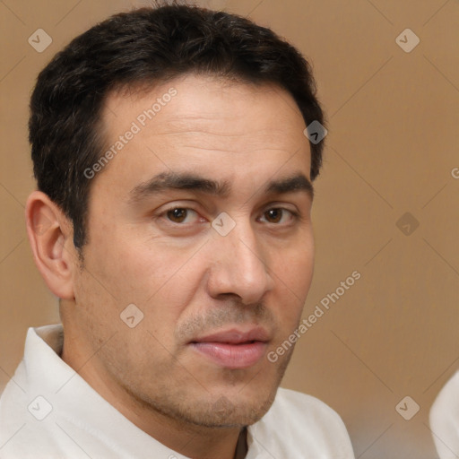 Neutral white adult male with short  brown hair and brown eyes