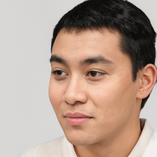 Neutral asian young-adult male with short  black hair and brown eyes