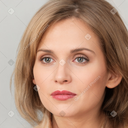 Neutral white young-adult female with medium  brown hair and brown eyes