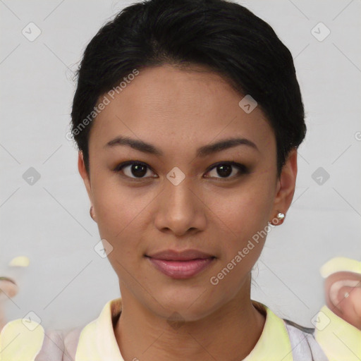 Joyful asian young-adult female with short  black hair and brown eyes