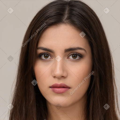 Neutral white young-adult female with long  brown hair and brown eyes