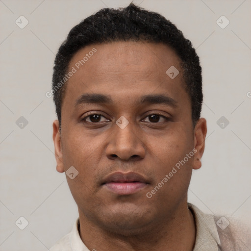 Neutral latino young-adult male with short  black hair and brown eyes