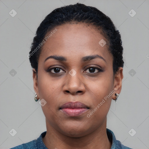 Neutral black young-adult female with short  black hair and brown eyes