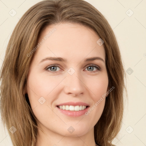 Joyful white young-adult female with long  brown hair and green eyes