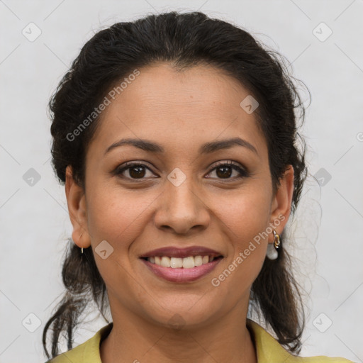 Joyful latino young-adult female with medium  brown hair and brown eyes