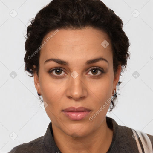 Neutral white young-adult female with short  brown hair and brown eyes