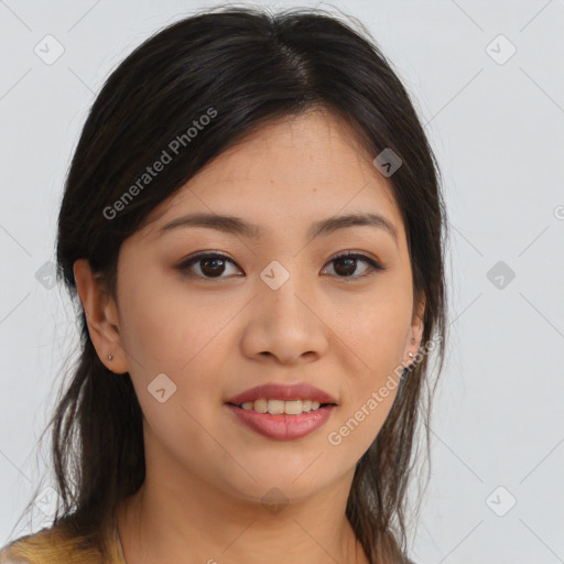 Joyful asian young-adult female with long  brown hair and brown eyes