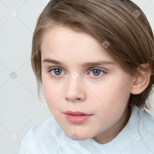 Neutral white child female with medium  brown hair and grey eyes