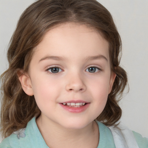 Joyful white child female with medium  brown hair and brown eyes