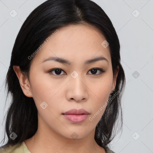 Neutral asian young-adult female with medium  brown hair and brown eyes