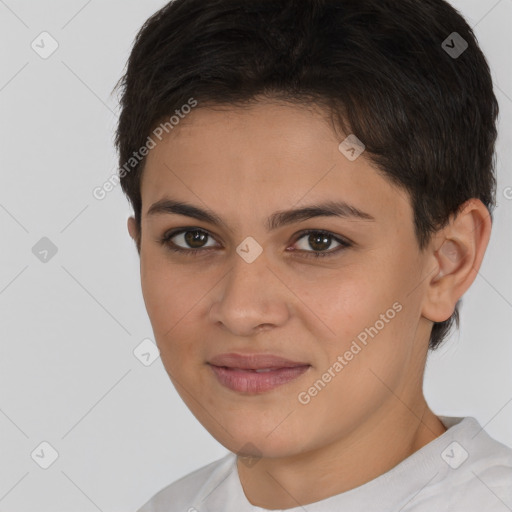 Joyful white young-adult female with short  brown hair and brown eyes