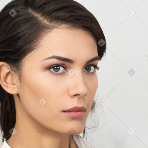 Neutral white young-adult female with medium  brown hair and brown eyes