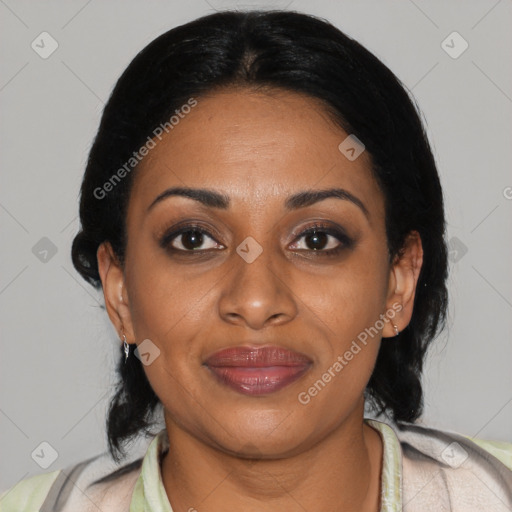 Joyful latino young-adult female with medium  black hair and brown eyes