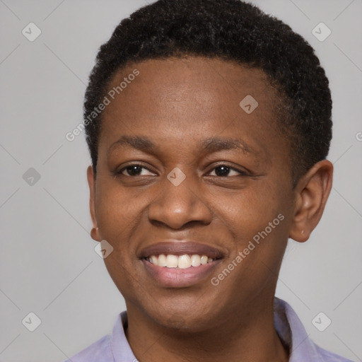 Joyful black young-adult male with short  brown hair and brown eyes