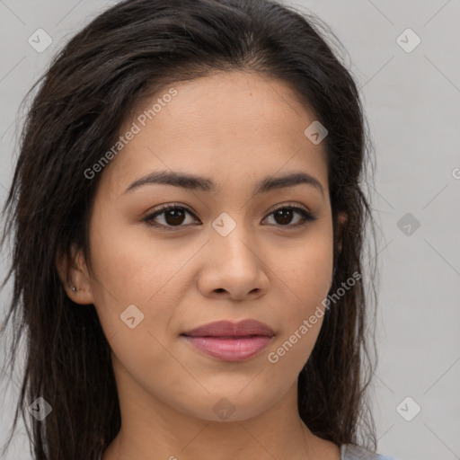 Joyful asian young-adult female with long  brown hair and brown eyes