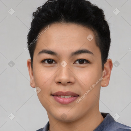 Joyful asian young-adult male with short  black hair and brown eyes