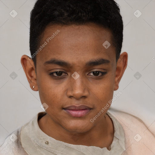 Neutral black young-adult male with short  brown hair and brown eyes