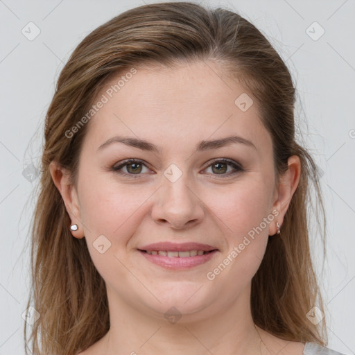 Joyful white young-adult female with long  brown hair and grey eyes