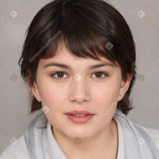 Neutral white young-adult female with medium  brown hair and brown eyes