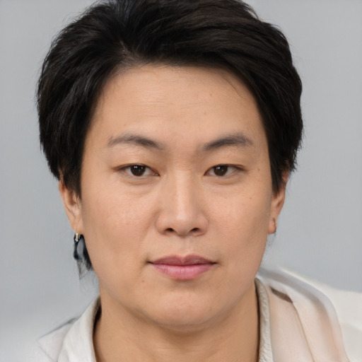 Joyful asian young-adult female with short  brown hair and brown eyes