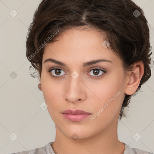 Neutral white young-adult female with short  brown hair and brown eyes