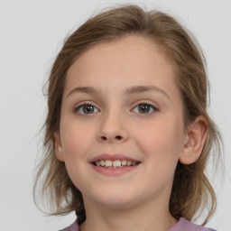 Joyful white child female with medium  brown hair and blue eyes