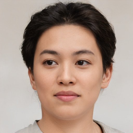 Neutral asian young-adult female with medium  brown hair and brown eyes