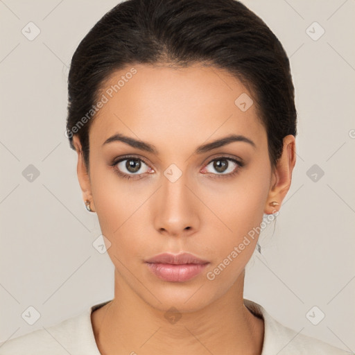 Neutral latino young-adult female with short  black hair and brown eyes