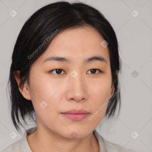 Neutral asian young-adult female with medium  brown hair and brown eyes