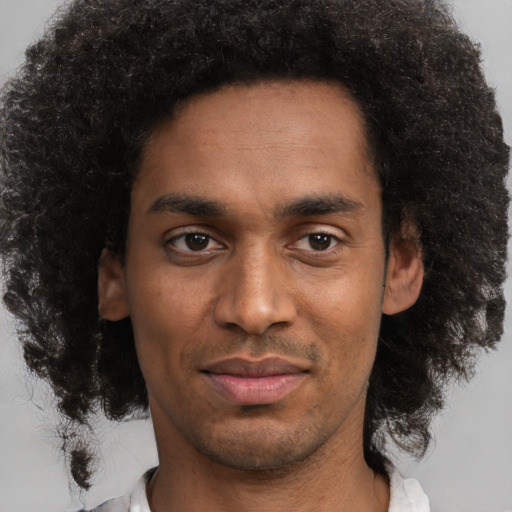 Joyful black young-adult male with short  black hair and brown eyes