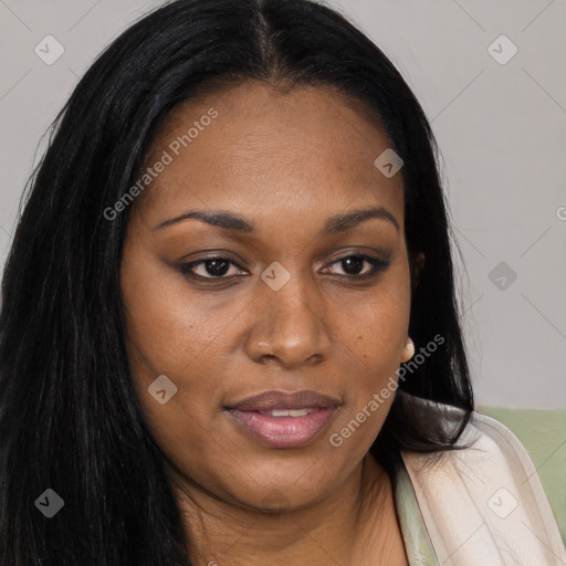 Joyful asian young-adult female with long  brown hair and brown eyes