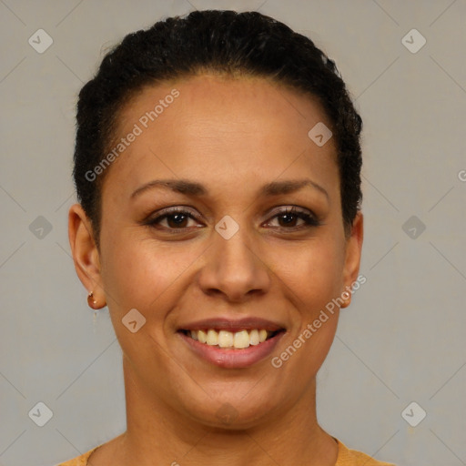 Joyful latino young-adult female with short  brown hair and brown eyes