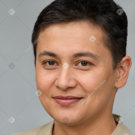 Joyful white adult male with short  brown hair and brown eyes