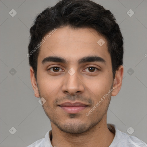 Neutral latino young-adult male with short  black hair and brown eyes