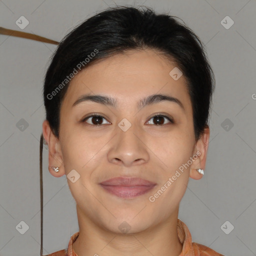 Joyful latino young-adult female with short  brown hair and brown eyes