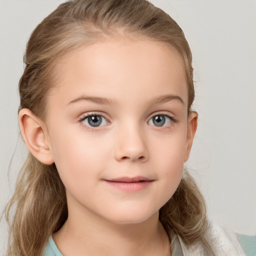 Neutral white child female with medium  brown hair and grey eyes