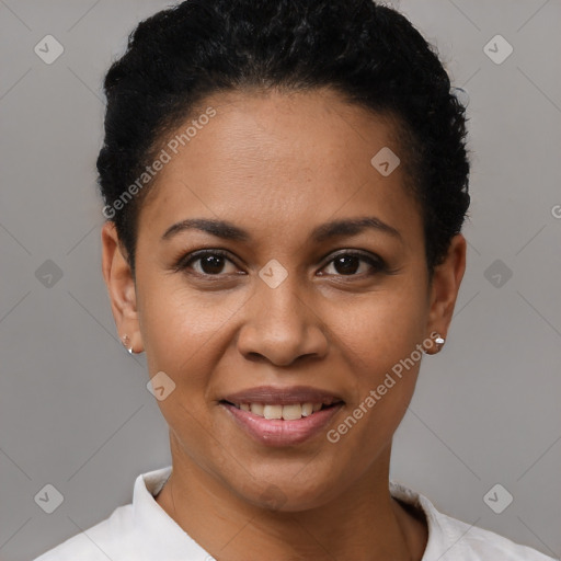 Joyful latino young-adult female with short  black hair and brown eyes