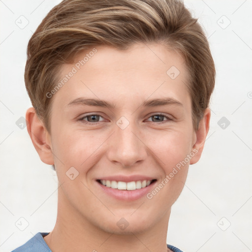 Joyful white young-adult female with short  brown hair and grey eyes