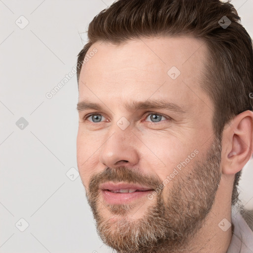 Neutral white young-adult male with short  brown hair and grey eyes