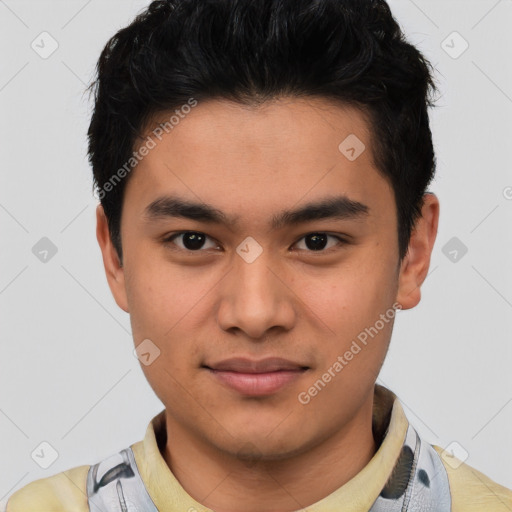 Joyful asian young-adult male with short  brown hair and brown eyes