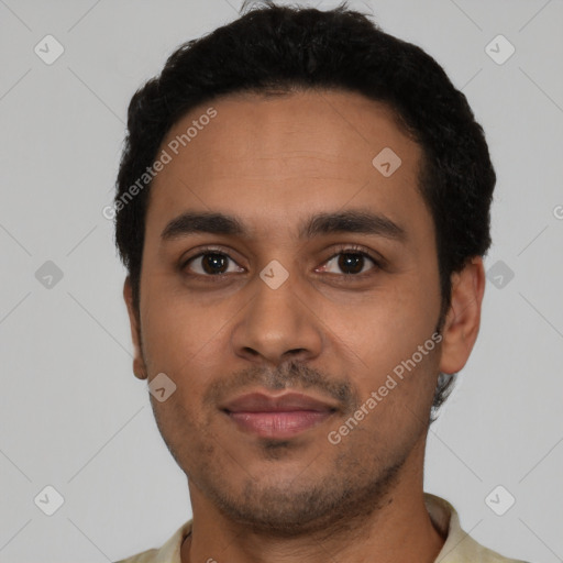 Neutral latino young-adult male with short  black hair and brown eyes