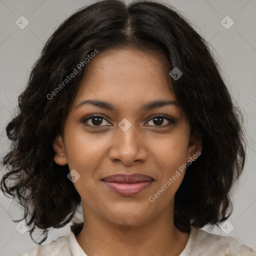 Joyful black young-adult female with medium  brown hair and brown eyes