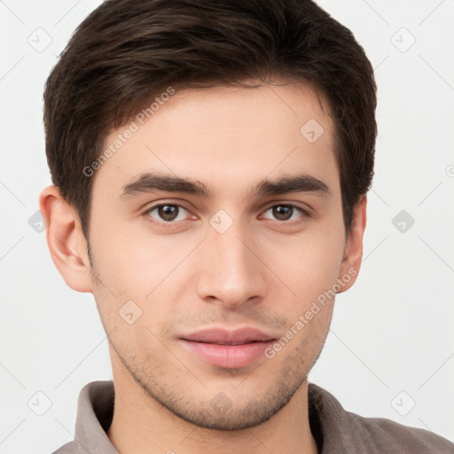 Neutral white young-adult male with short  brown hair and brown eyes