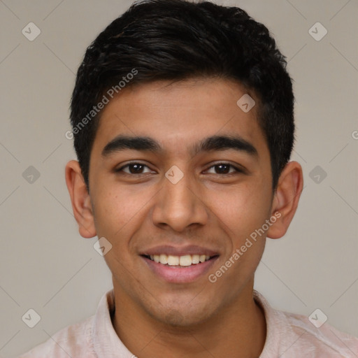 Joyful latino young-adult male with short  black hair and brown eyes