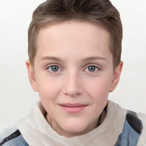 Joyful white child female with short  brown hair and grey eyes