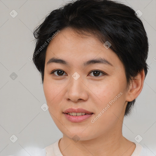 Joyful asian young-adult female with short  brown hair and brown eyes