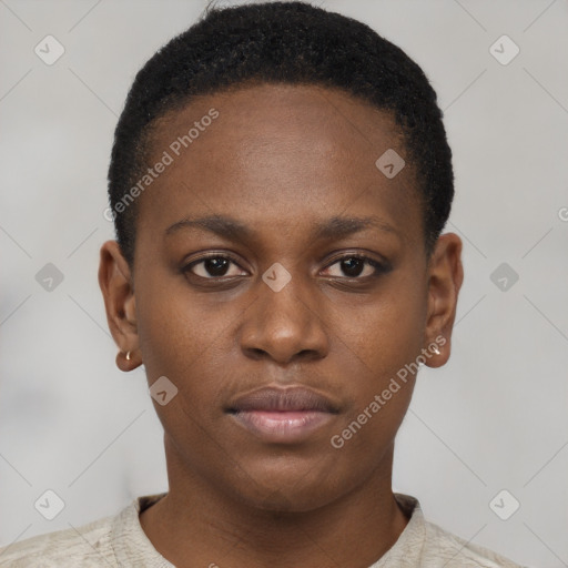 Neutral black young-adult female with short  black hair and brown eyes