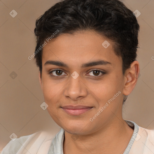 Joyful latino young-adult male with short  brown hair and brown eyes