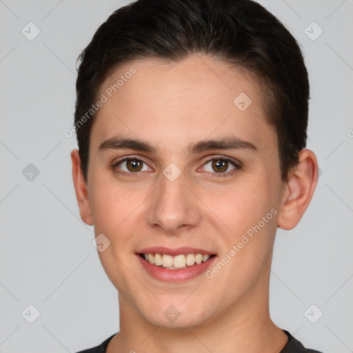 Joyful white young-adult male with short  brown hair and brown eyes