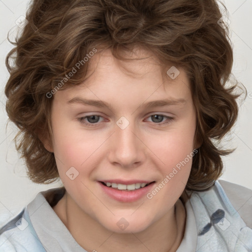 Joyful white child female with medium  brown hair and brown eyes